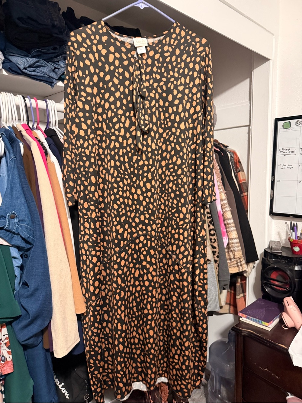 Black Midi Dress with Brown Spot Print and Tie Neck